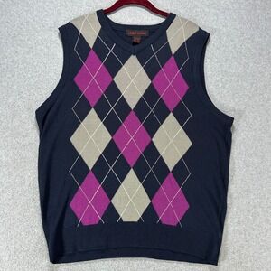Linea Uomo Sweater Vest Mens Large Navy Blue Purple Argyle Preppy Academic